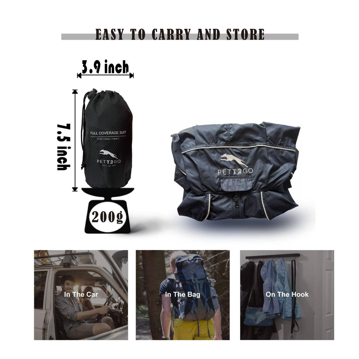 PETT2GO  dog windbreaker with portable storage pouch for travel and outdoor use