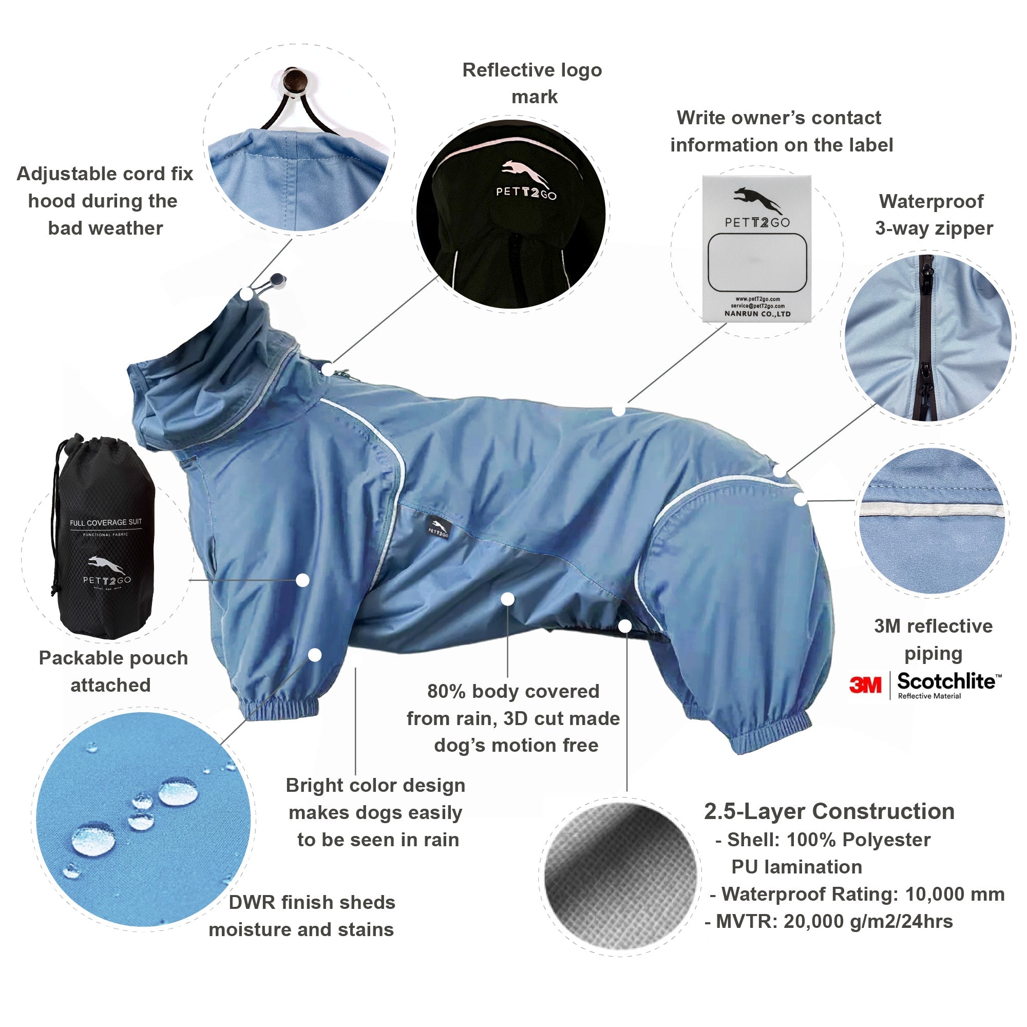 Dog Breathable Raincoat With Legs - Silence of Mist (USA) PETT2GO