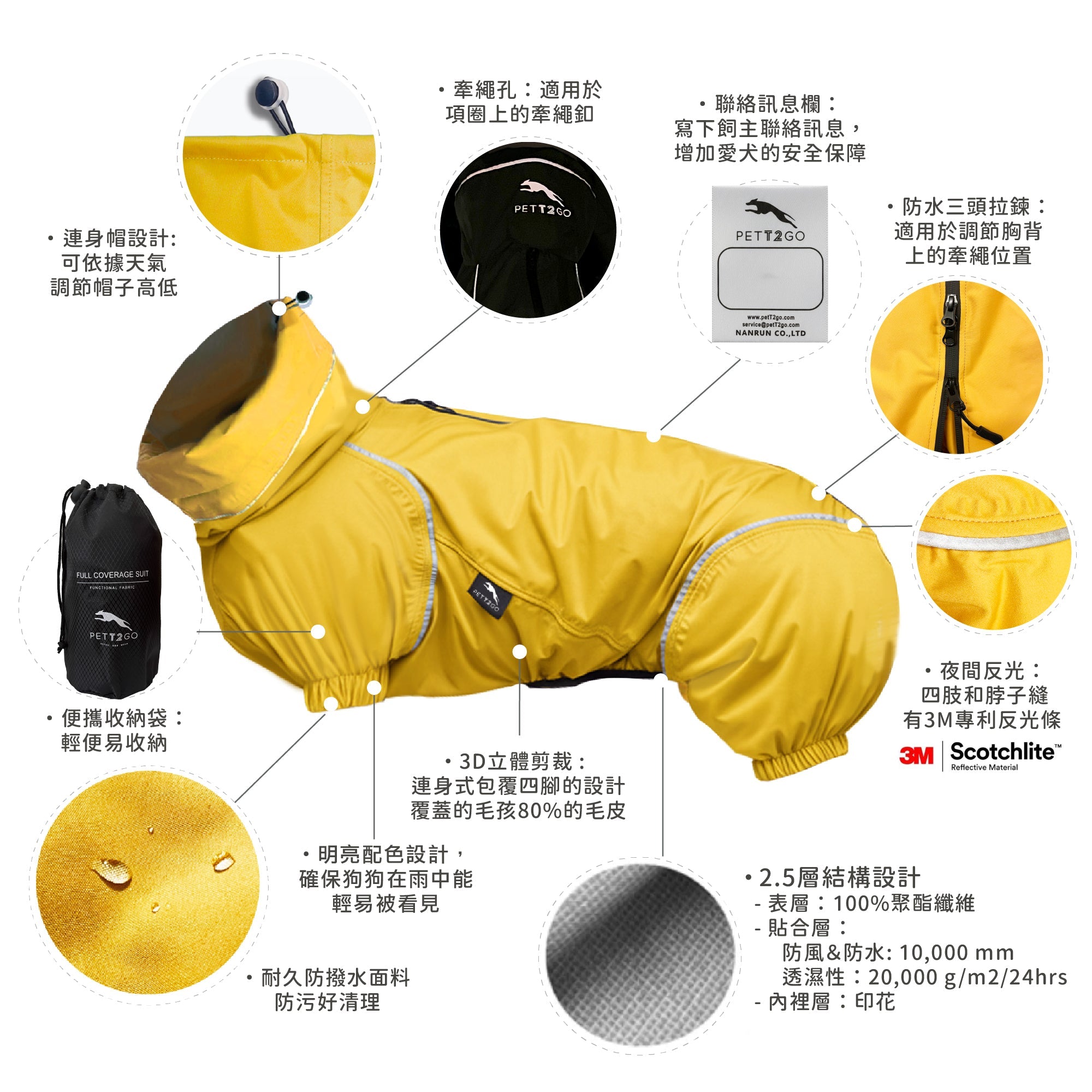 柯基連身式透氣雨衣 -晨曦黃 PETT2GO