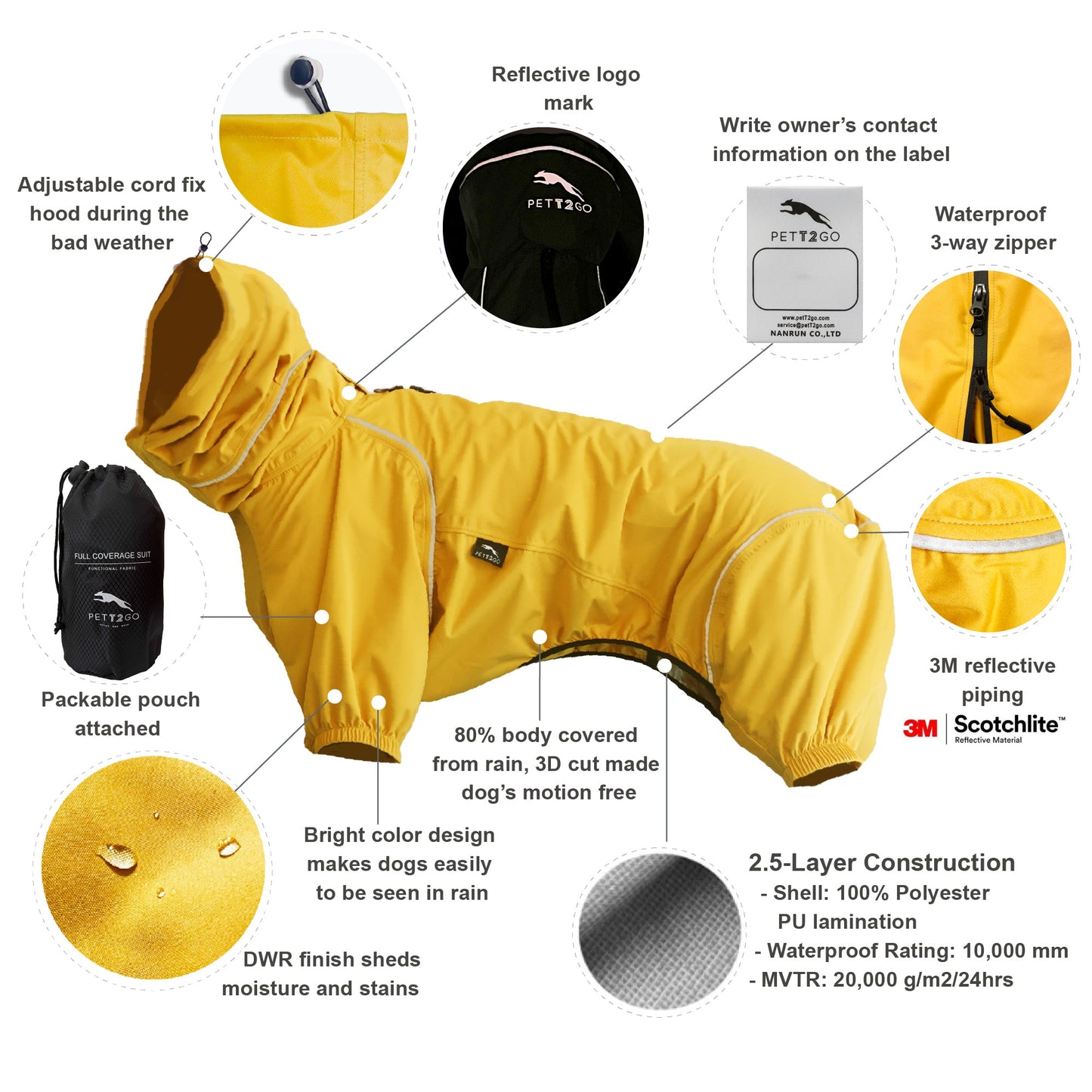 Dog Breathable Raincoat With Legs -Golden Dawn (USA) PETT2GO