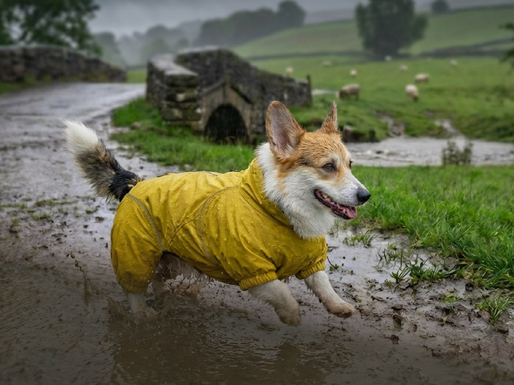 Dog in a yellow raincoat running through a muddy field with a stone bridge and sheep in the background.