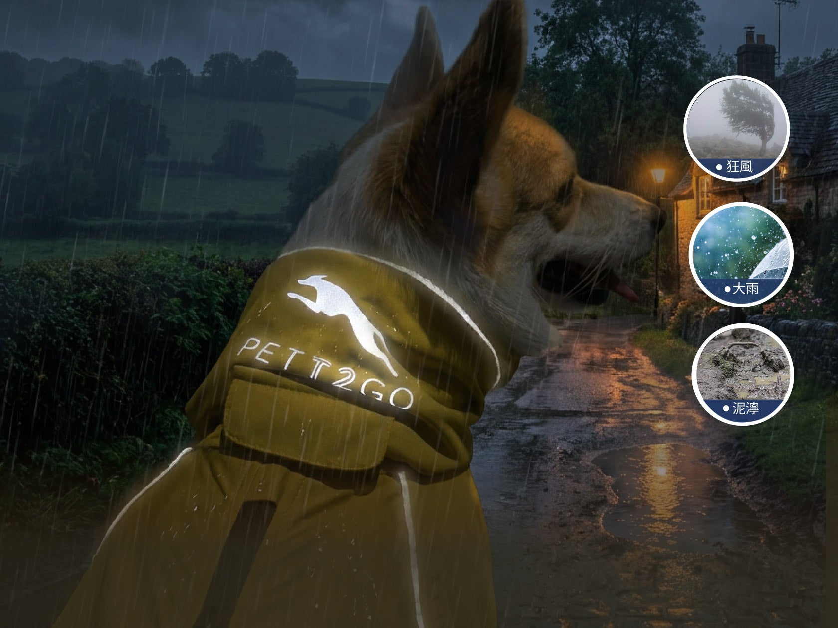 Dog wearing a PET12GO reflective raincoat on a rainy night with a house in the background