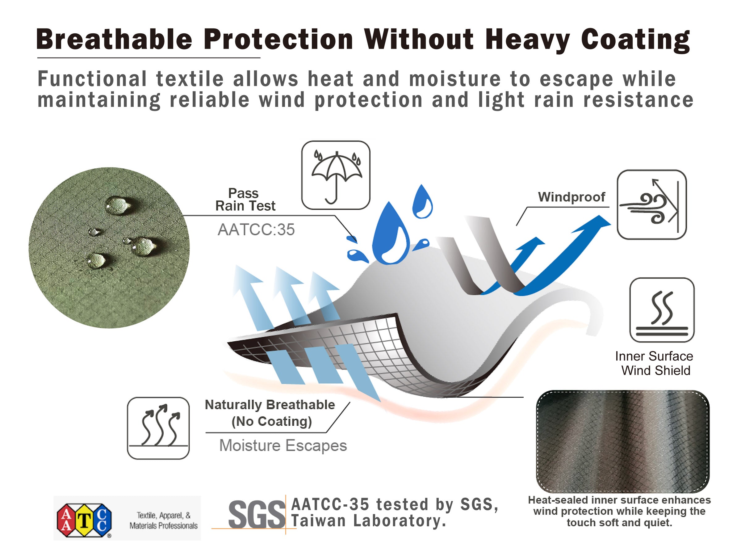 Diagram of breathable protection of PETT2GO funtional textile with text and icons explaining features