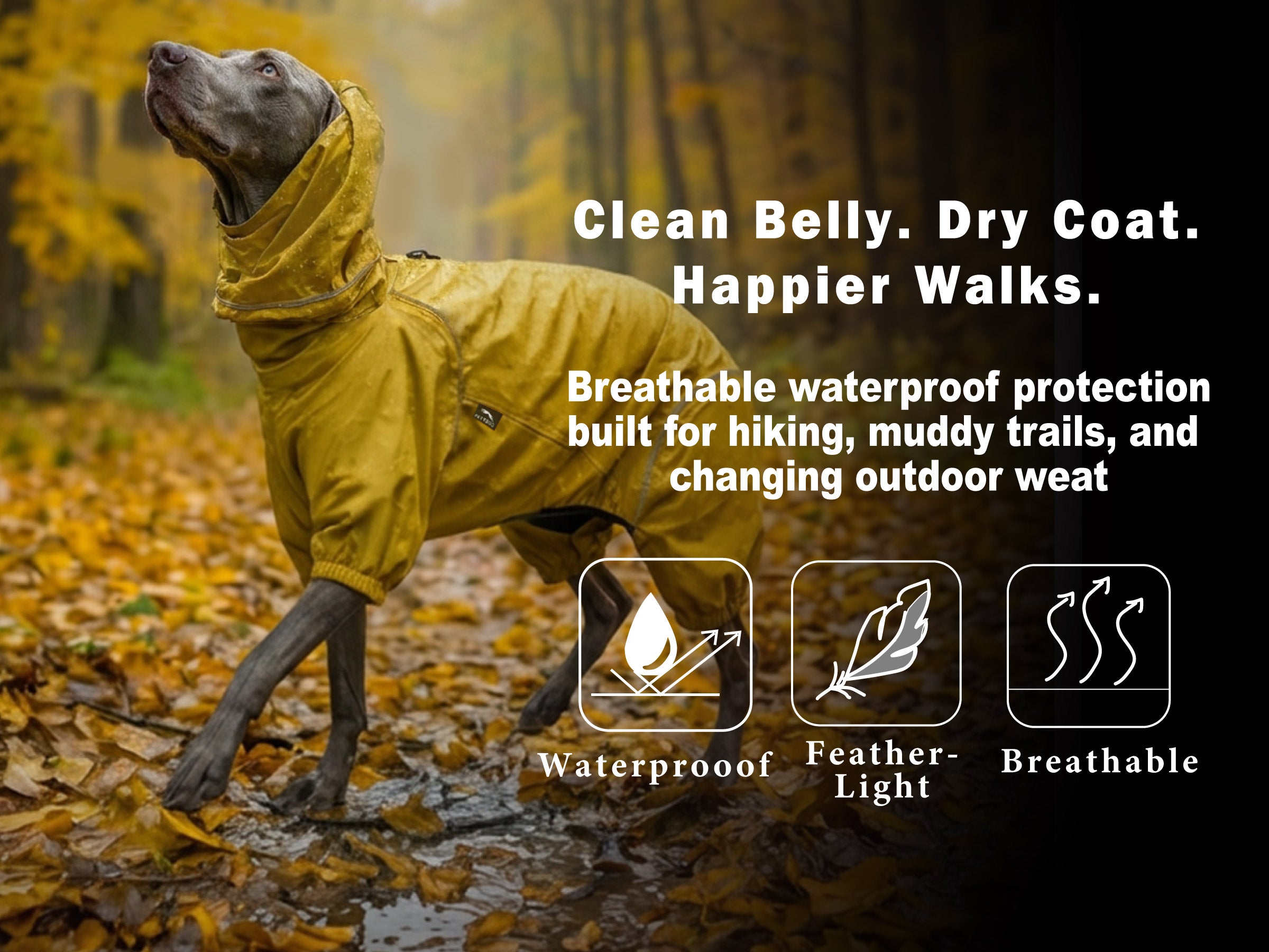 Dog wearing a yellow raincoat in a forest setting with promotional text about PETT2GO raincoat's features.