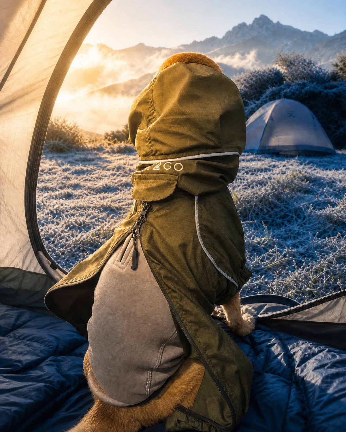 Dog in a green coat standing and fleece vest inside a tent with a scenic mountain view outside
