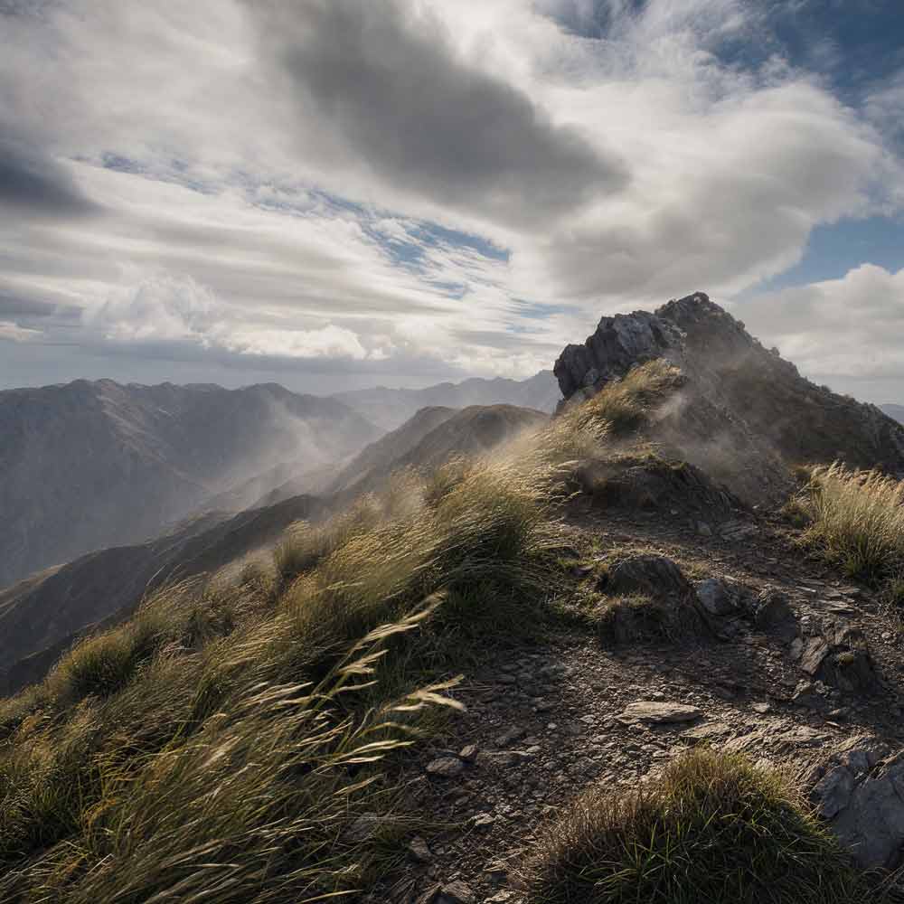 Mountain landscape with grassy slope and cloud-covered sky