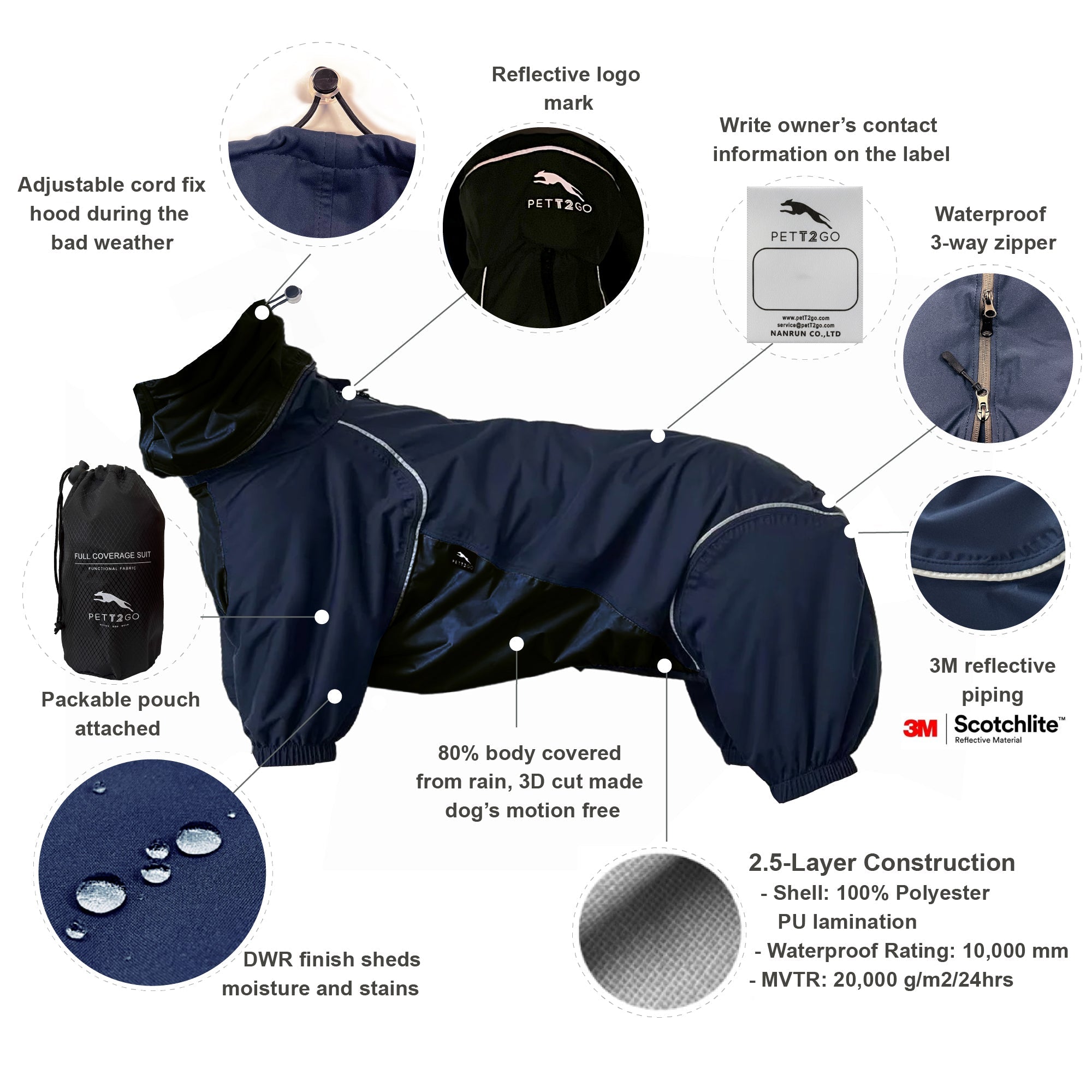 Dog Breathable Raincoat With Legs - Deep Nightfall  - PETT2GO  [lang-en]