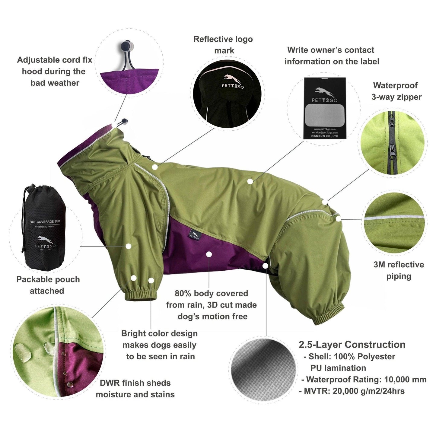 Dog Breathable Raincoat With Legs - Avocado Green - PETT2GO 1 [lang-en]