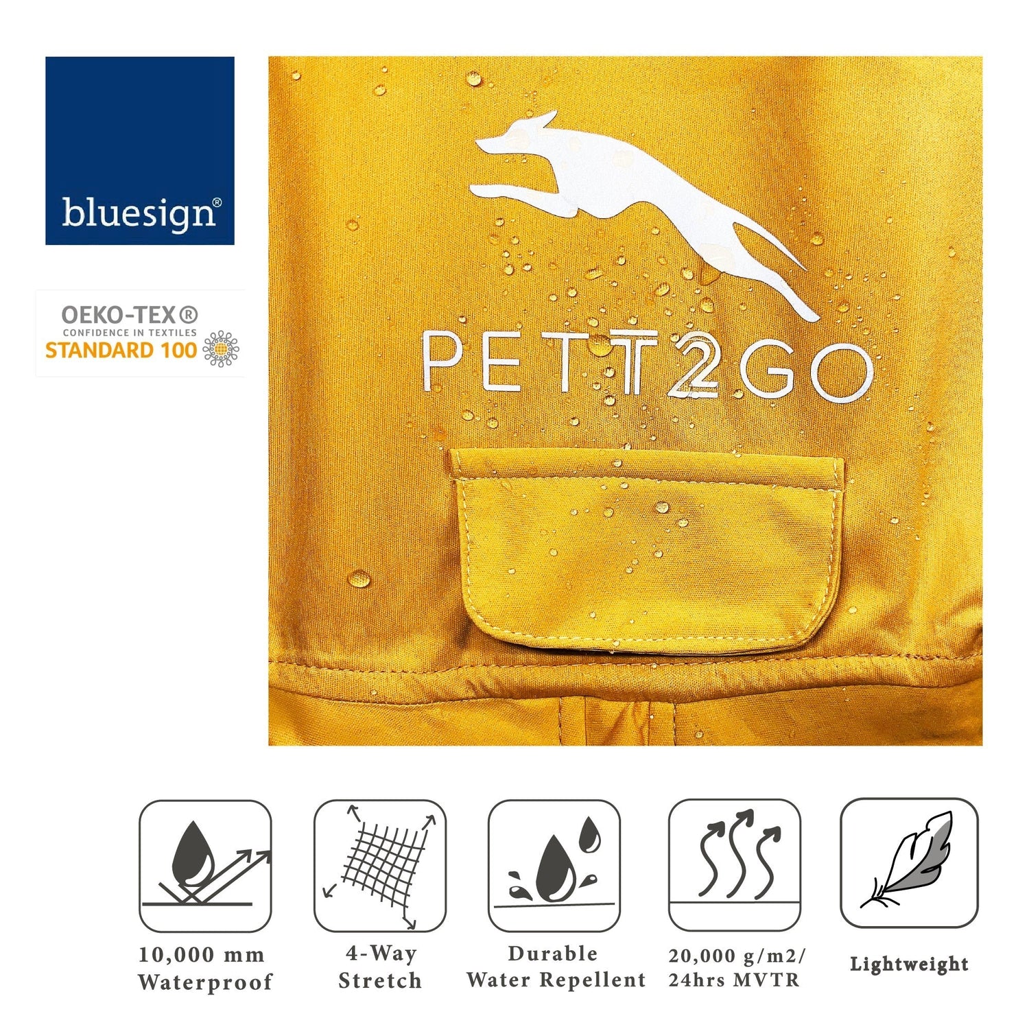 PETT2GO Golden Dawn dog raincoat materials, safety certifications, and product details