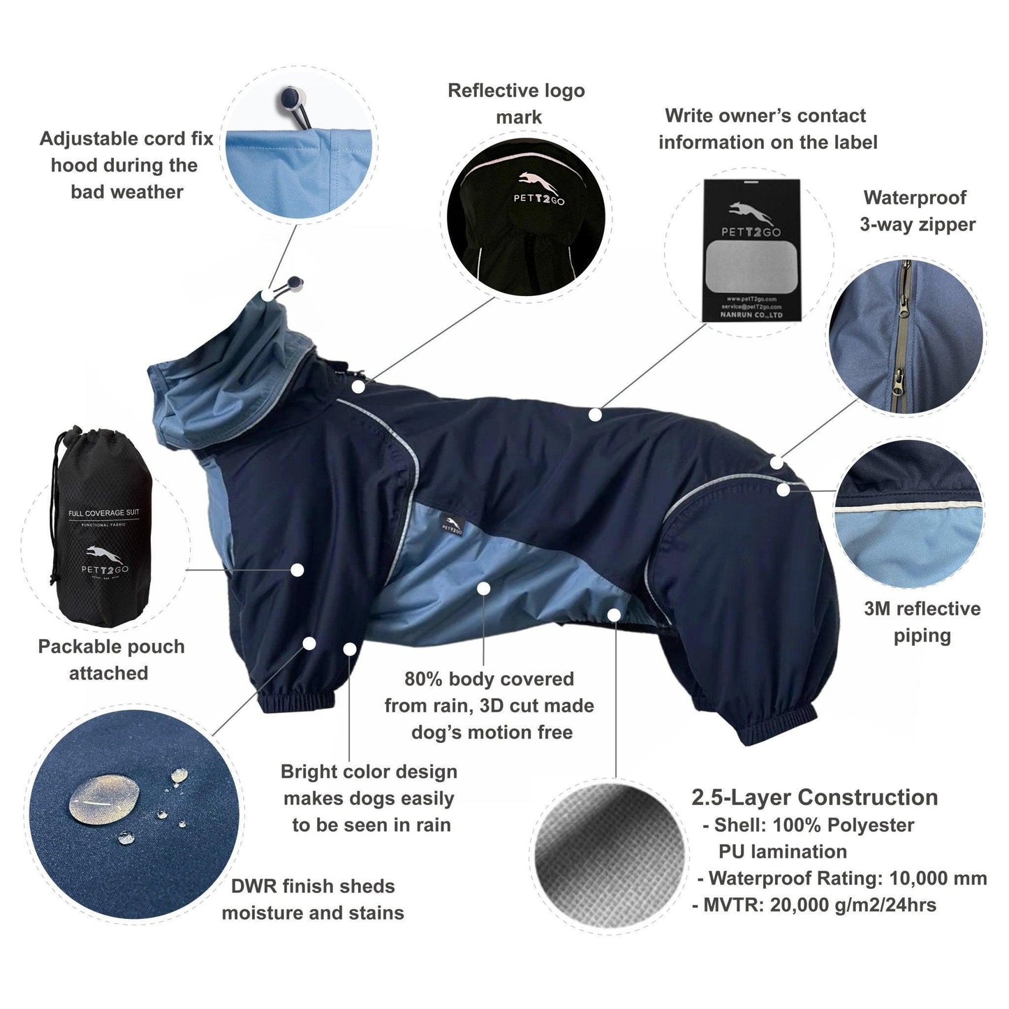 Dog Breathable Raincoat With Legs - Midnight - PETT2GO  [lang-en]