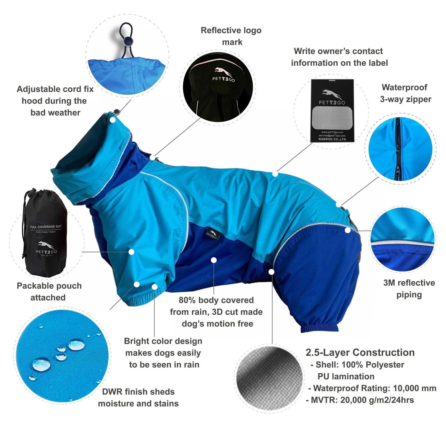 Dog Breathable Raincoat With Legs - Sky Blue - PETT2GO  [lang-en]