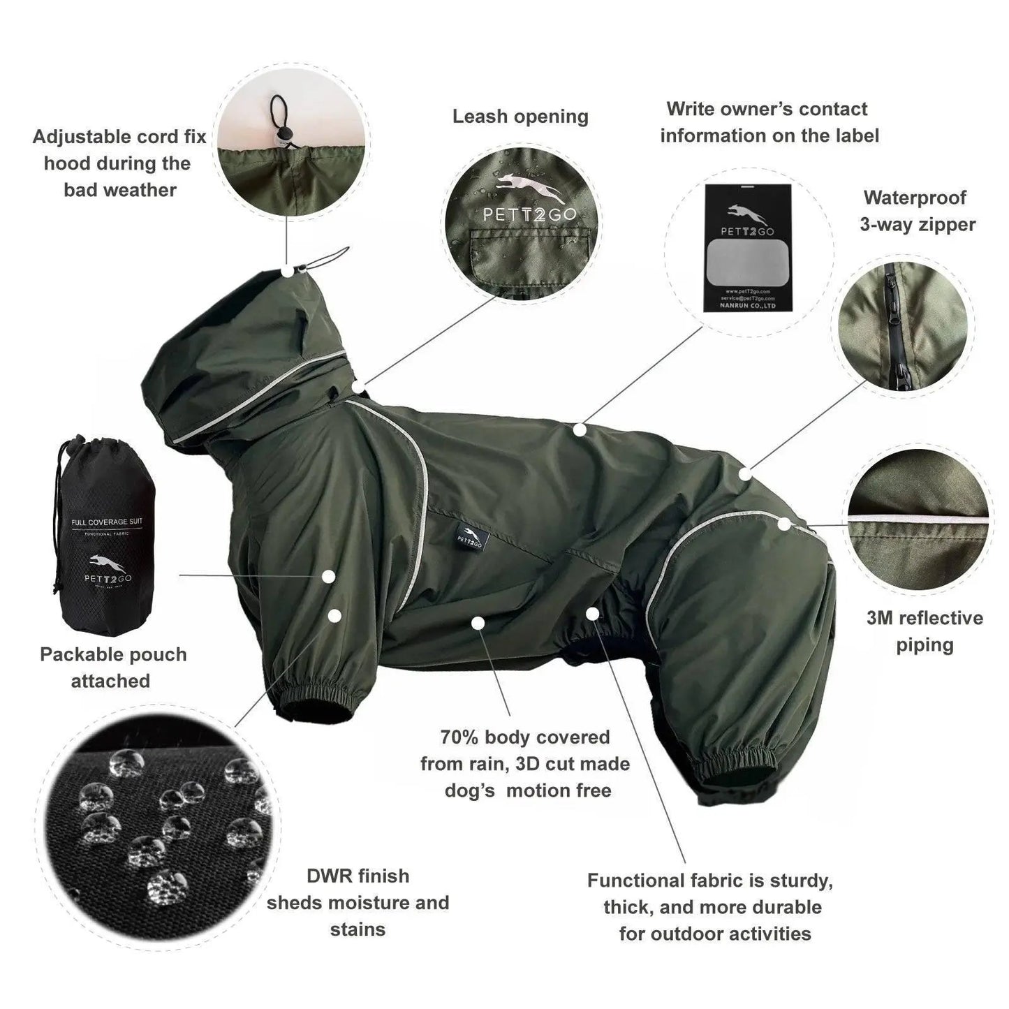 Dog Lightweight Windbreaker-Dog Outdoor Jacket-Dark Olive - PETT2GO  [lang-en]