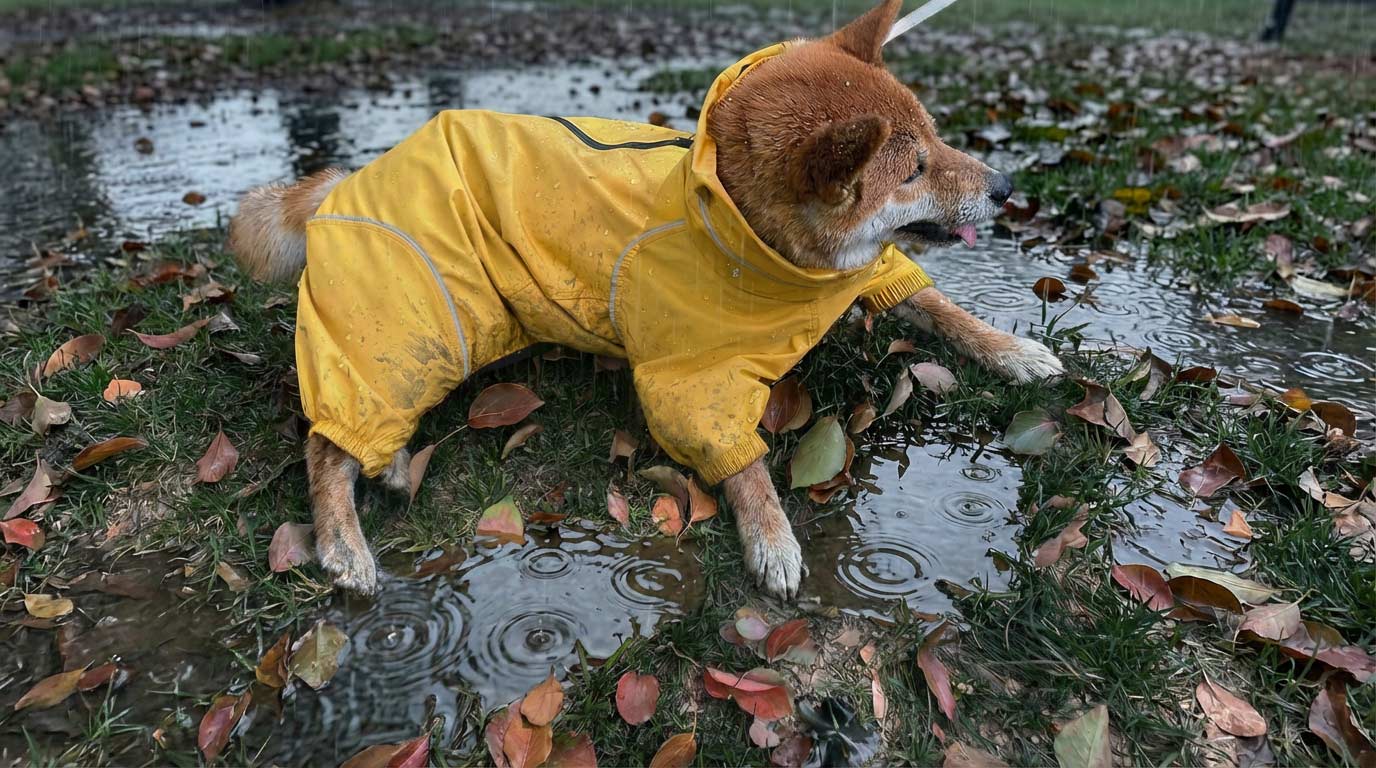 Dog in a PETT2GO yellow raincoat standing in a puddle surrounded by leaves and grass. He is enjoy the rainy day.
