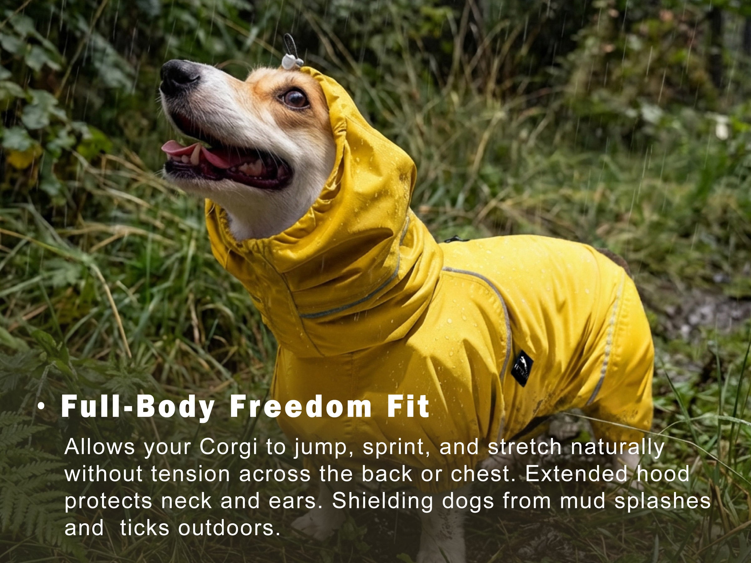 Full-body freedom fit Corgi raincoat allows jumping, sprinting, and stretching on muddy trails without restricting movement