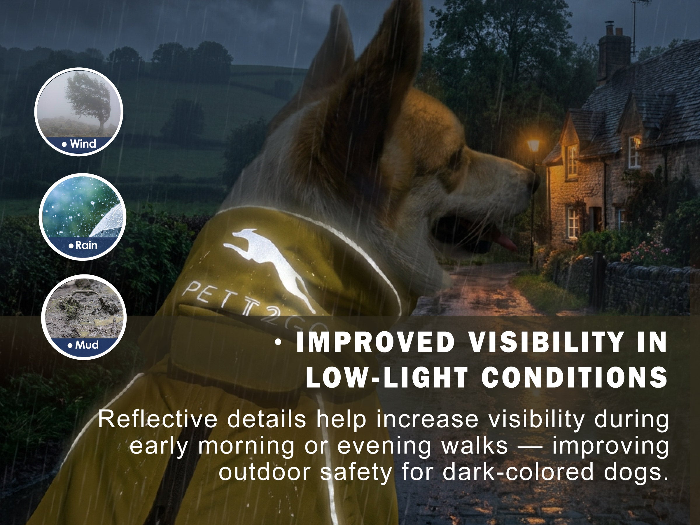 Reflective Corgi raincoat for rainy early morning or evening walks with improved low-light visibility and outdoor safety