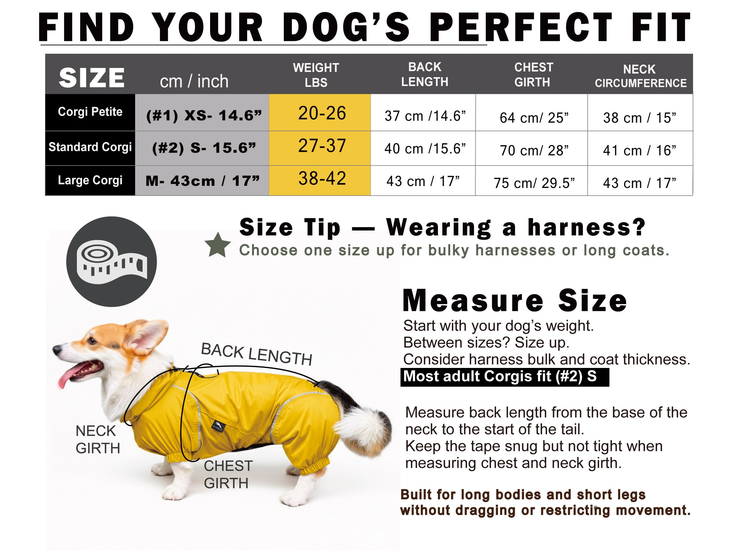 Corgi raincoat size chart with weight, back length, chest girth, neck measurement, and size-up tip for harness or thick fur
