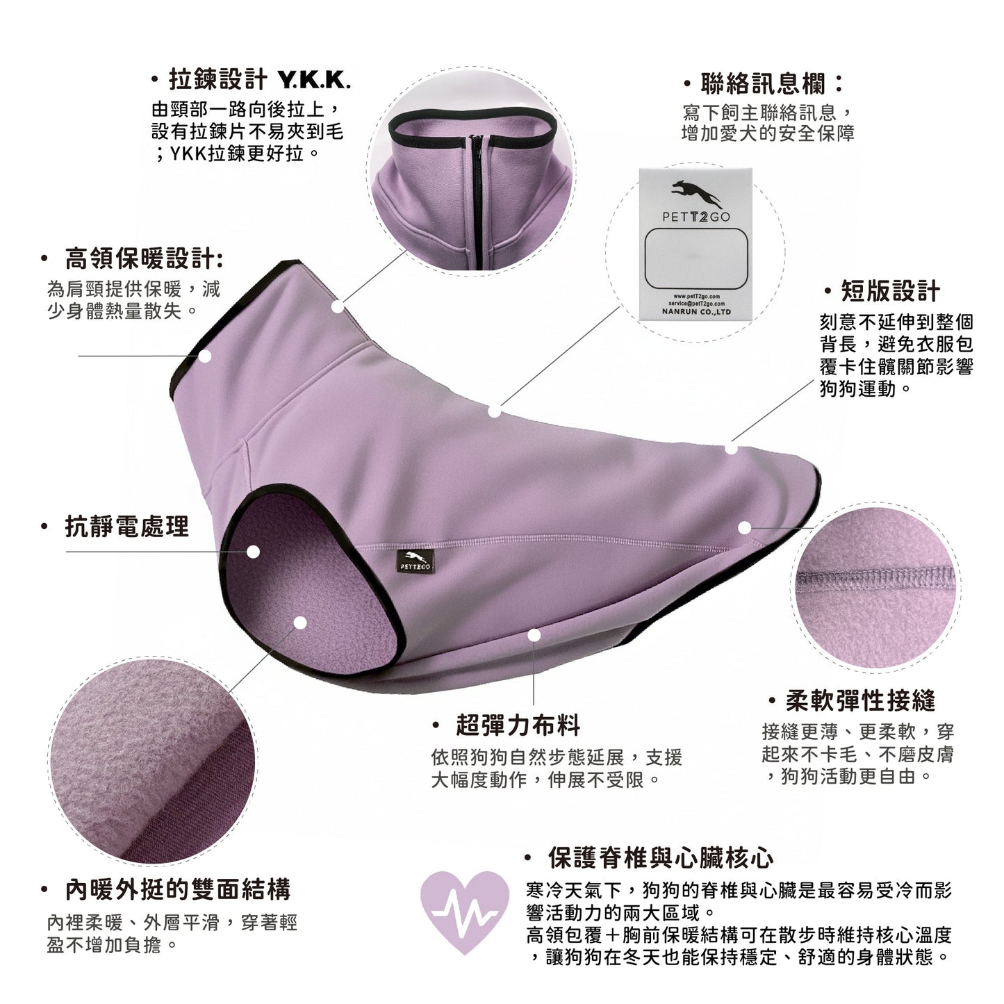 PETT2GO 狗狗動能保暖刷毛背心 胭粉紫 功能說明 1 [lang-zh]