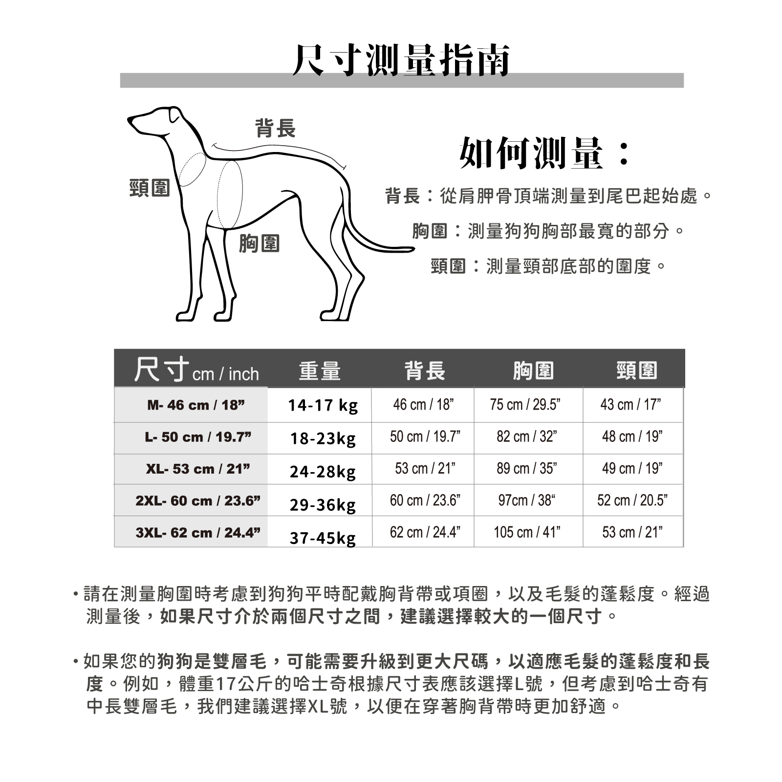 PETT2GO 狗狗極輕機能風衣 尺碼表 [lang-zh]