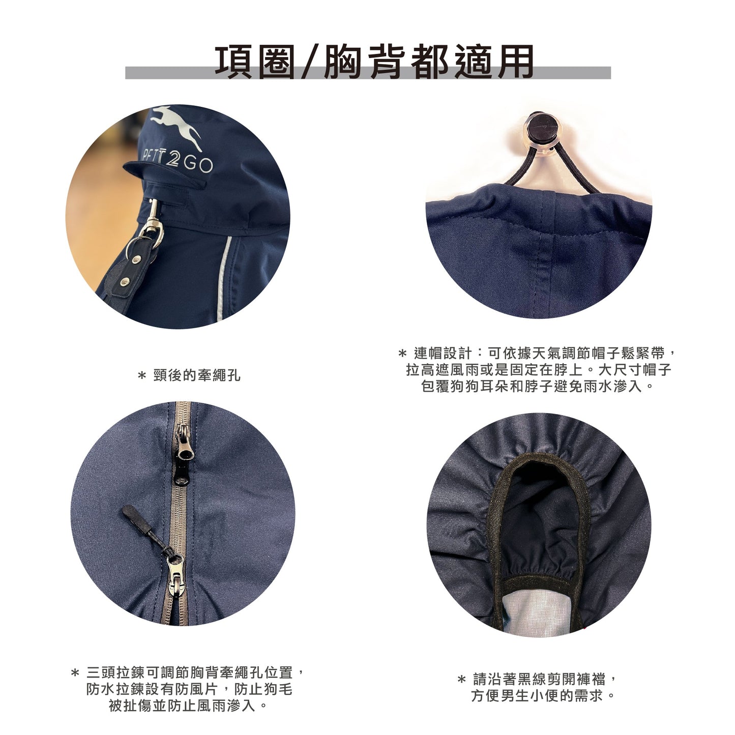 PETT2GO 狗狗透氣機能闇夜藍雨衣 功能說明 [lang-zh]