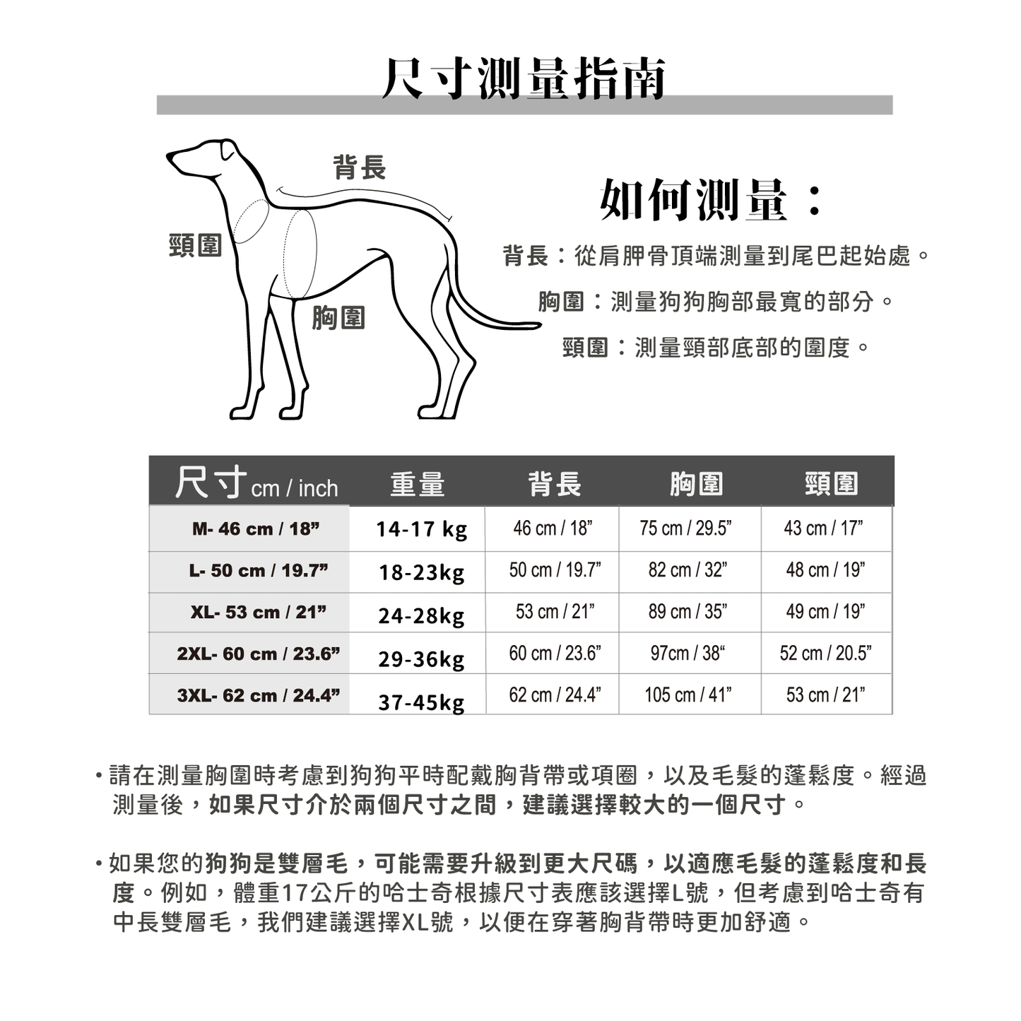 PETT2GO 狗狗防水透氣機能雨衣 尺碼圖 [lang-zh]