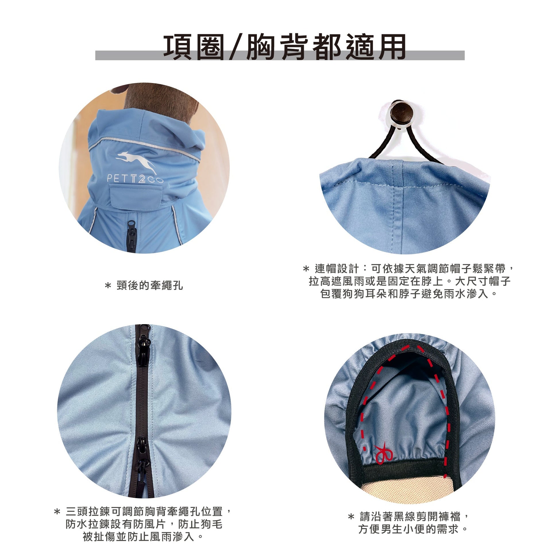 PETT2GO 狗狗透氣機能晨霧藍雨衣 功能說明 2 [lang-zh]
