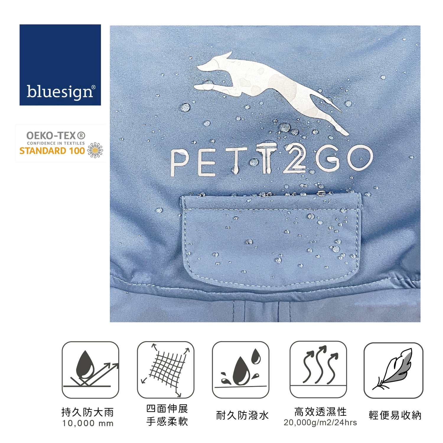 柯基連身式透氣雨衣 -晨霧藍 - PETT2GO